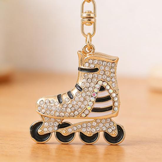 Rhinestone Striped Roller Skates Keychain Alloy Key Ring Backpack Schoolbag Hanging Decoration Bag Charm Purse Pendant