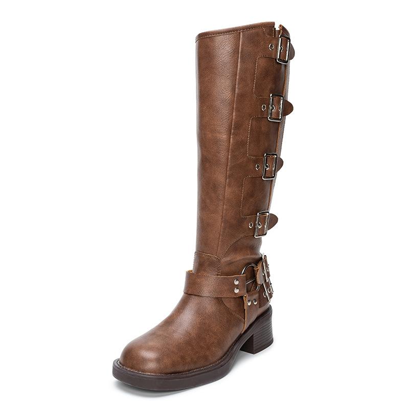 Whole cowhide~ Yi Mengling buckle catwalk belt buckle leather thick heel retro cowboy knight medium boots