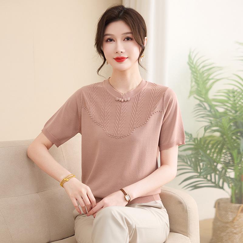 Mom's Summer Ice Silk Short-Sleeved T-shirt: Versatile Chinese Style Knitted Cardigan for Middle-Aged and Elderly Women