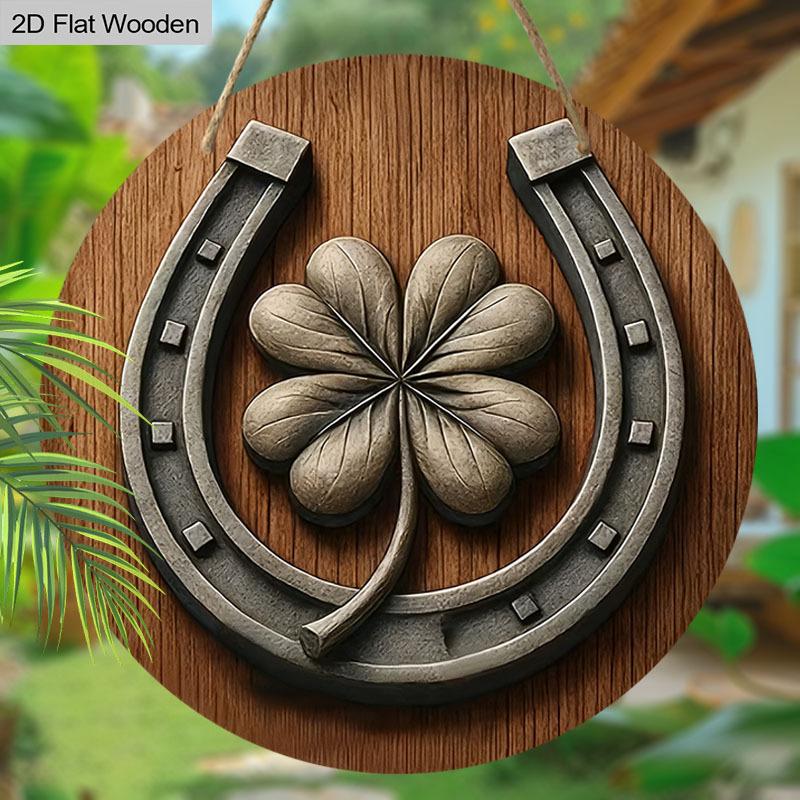 2D Flat 1pc Vintage St. Patrick's Day Four-Leaf Clover Horseshoe Wooden Sign Round Ornament, Home Office Bedroom Living Room Garage Garden Balcony
