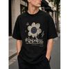 Men's Black Oversized Cotton Tee with Smiley Flower Graphic, Crew Neck Short Sleeve Relaxed Fit Streetwear for Casual Daily Wear