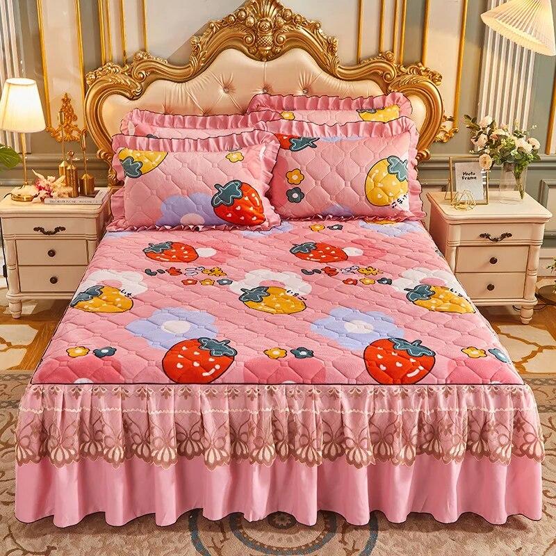 Princess Lace Quilted Bed Spreads Crystal Velvet Bedding Sheets Set King Queen Size Thick Winter Warm Cotton Wedding Bed Cover