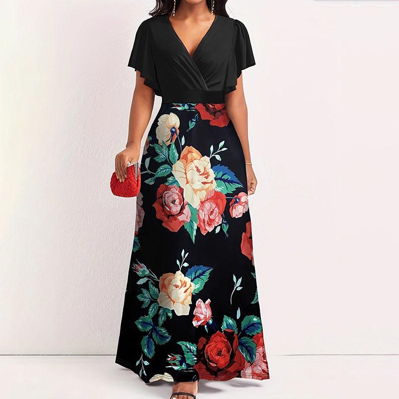

Women s V-Neck Wrap Front Short Sleeve Maxi Dress – Slim Fit Floral Print Flowy Long Dress for Office XXL чорний