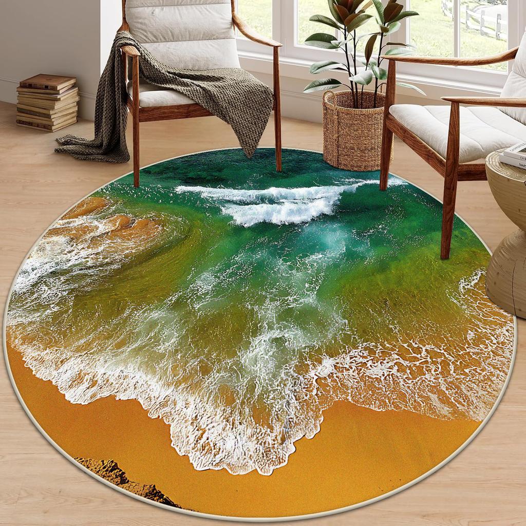 3D Beach Round Carpet Living Room Decoraiton Modern Light Luxury Large Room Lounge Rug Bedroom Decor Soft Fluffy Study Chair Mat