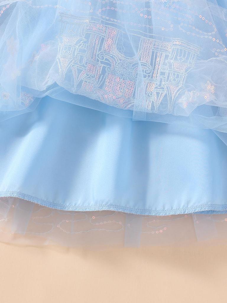 Girls Blue Castle Print Tulle Dress Kids Ruffle Long Sleeve Princess Dress