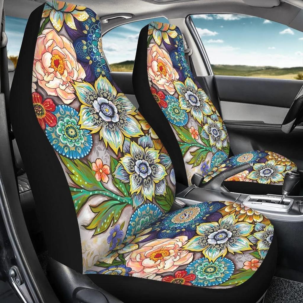 Bright Blossoms Colorful Boho Floral Print Car Seat Covers For Women,Universal Auto Front Seats Protector Fits For Car,SUV Sedan,Truck