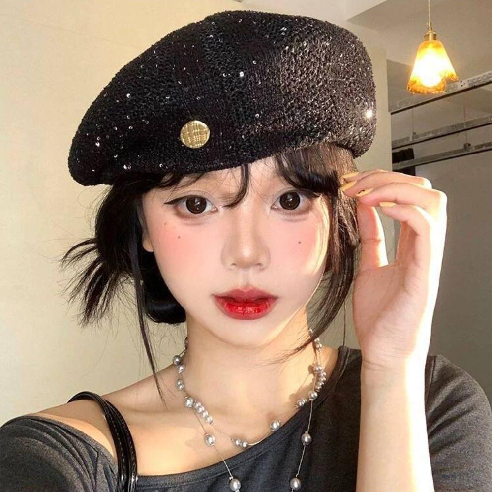 Hollowed Out Weave Hat Paillette Crochet Knitted Cap Elegant Sequin Beret Hat  Women