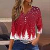 Women's T Shirt Christmas Print Button 3/4 Sleeve Daily Weekend Fashion Basic V- Neck Regular Top