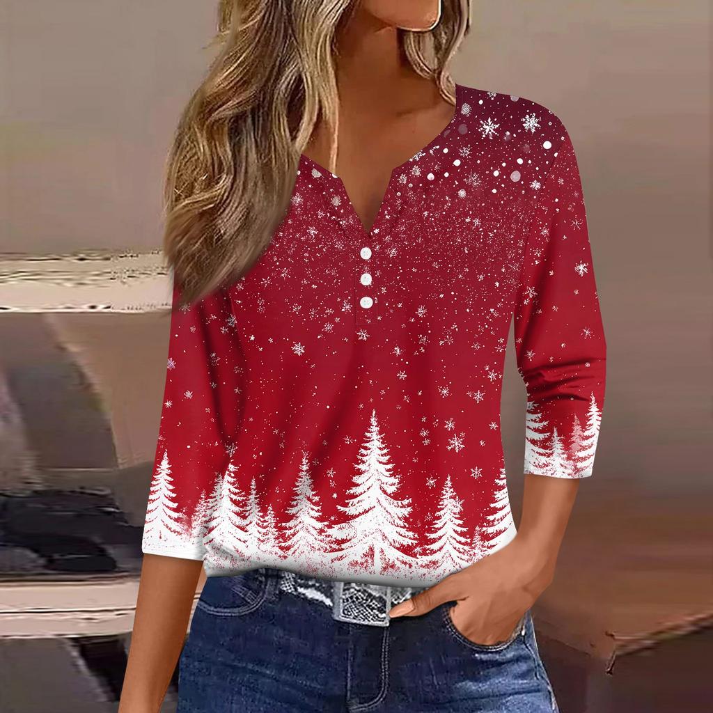Women's T Shirt Christmas Print Button 3/4 Sleeve Daily Weekend Fashion Basic V- Neck Regular Top