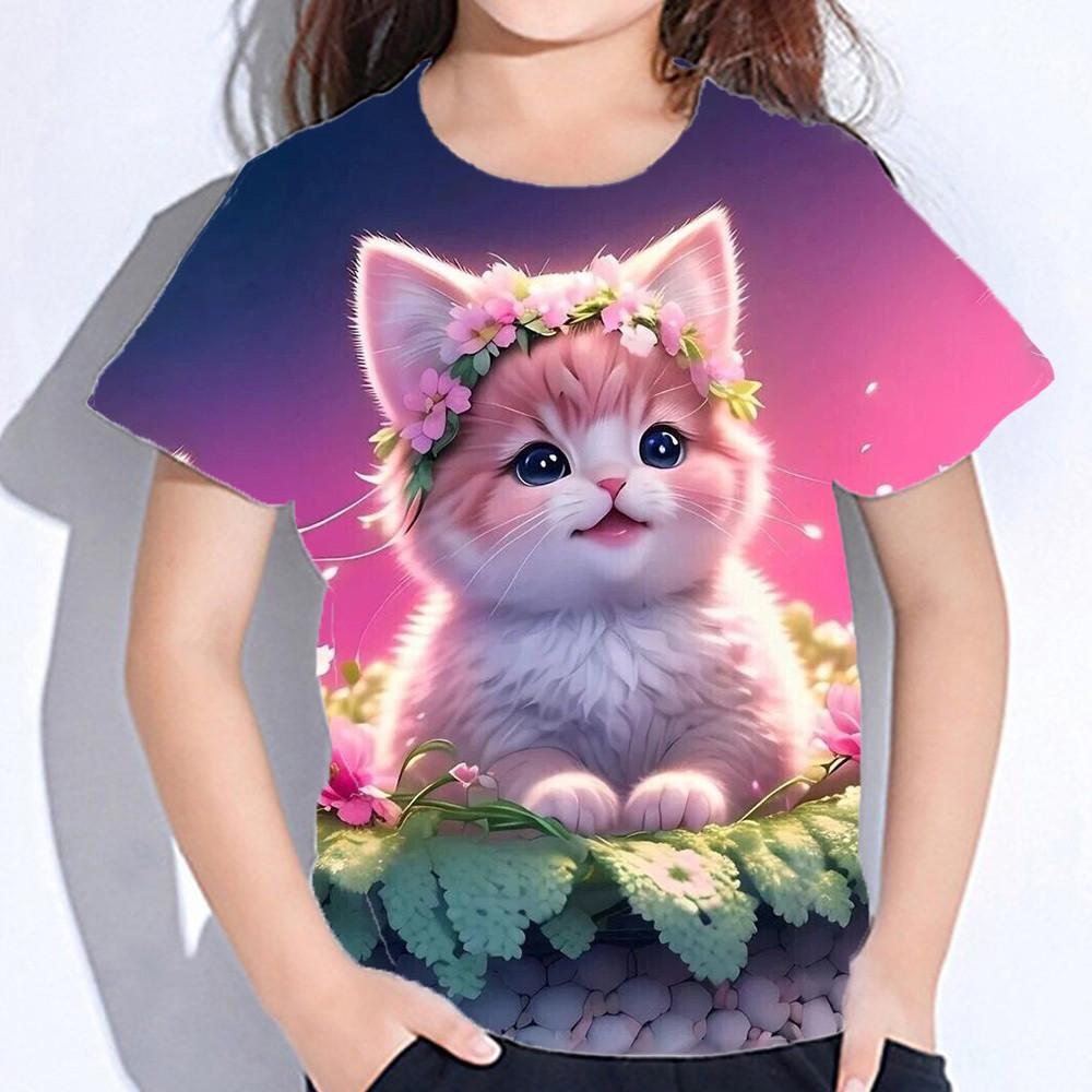 Toppar för barn Kortärmade sommarkatt T-shirts Flicka Barnkläder 3d-tryck T-shirts Koreanska Kawaii T-shirts Från 10-14 år