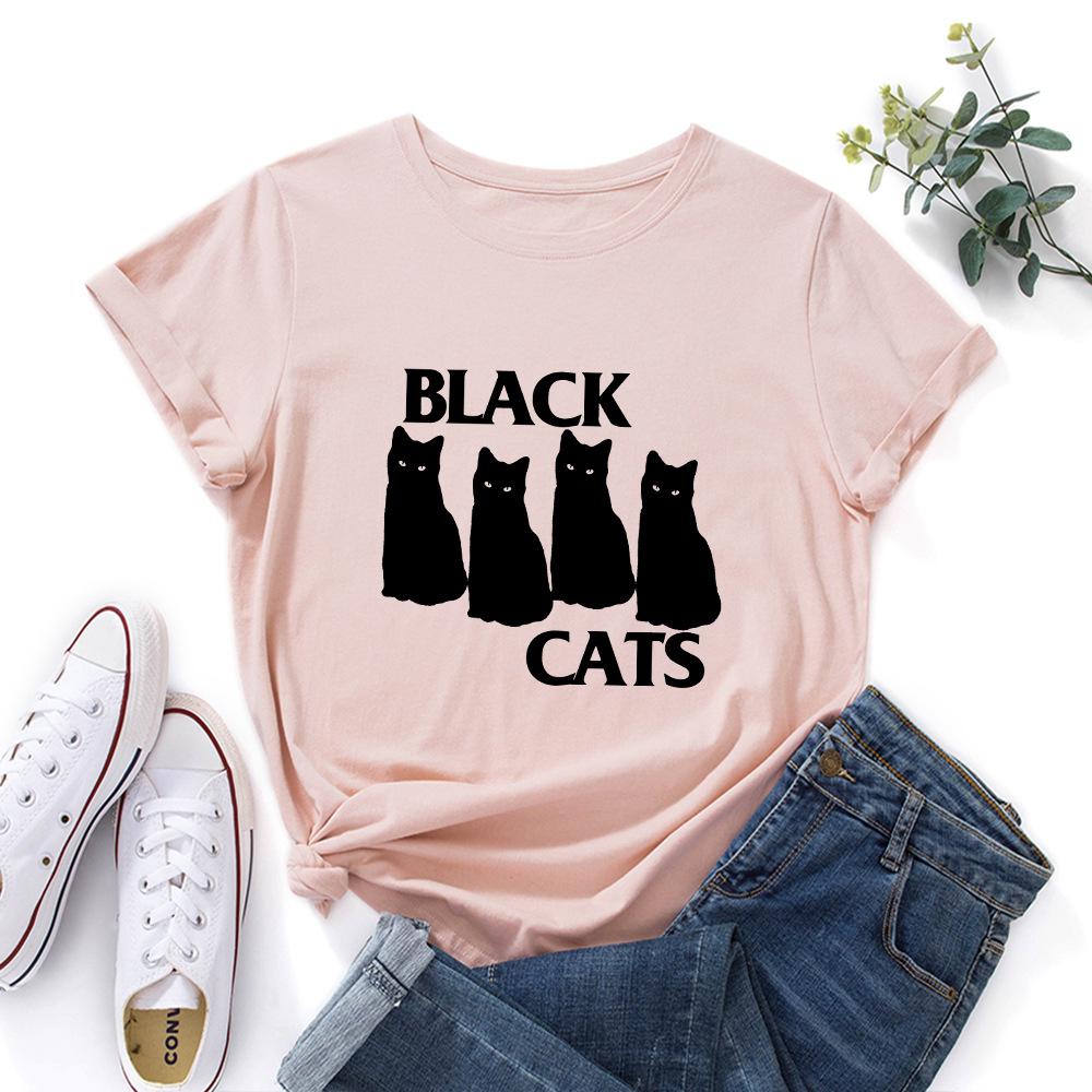Summer Round Neck Black Cat Pattern Printed Top Fashionable Casual Pure Cotton Short Sleeved Women's T-shirts