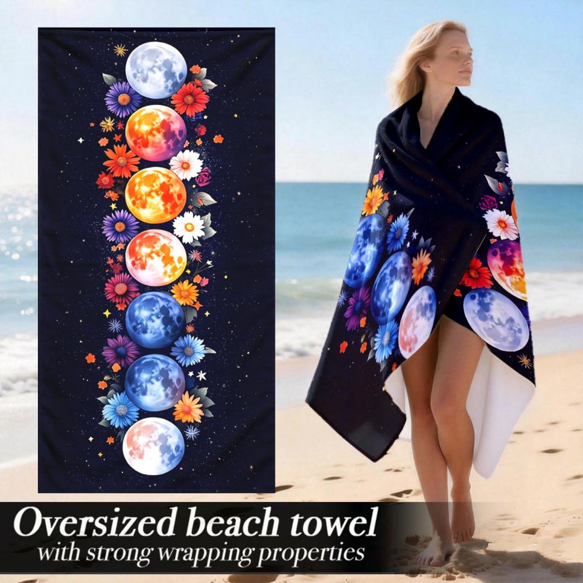 

Phases of the Moon & Flowers Oversized Beach Towel – Cosmic Art Design, Soft Lightweight, Perfect for Pool & Camping Use W40*H60(CM)