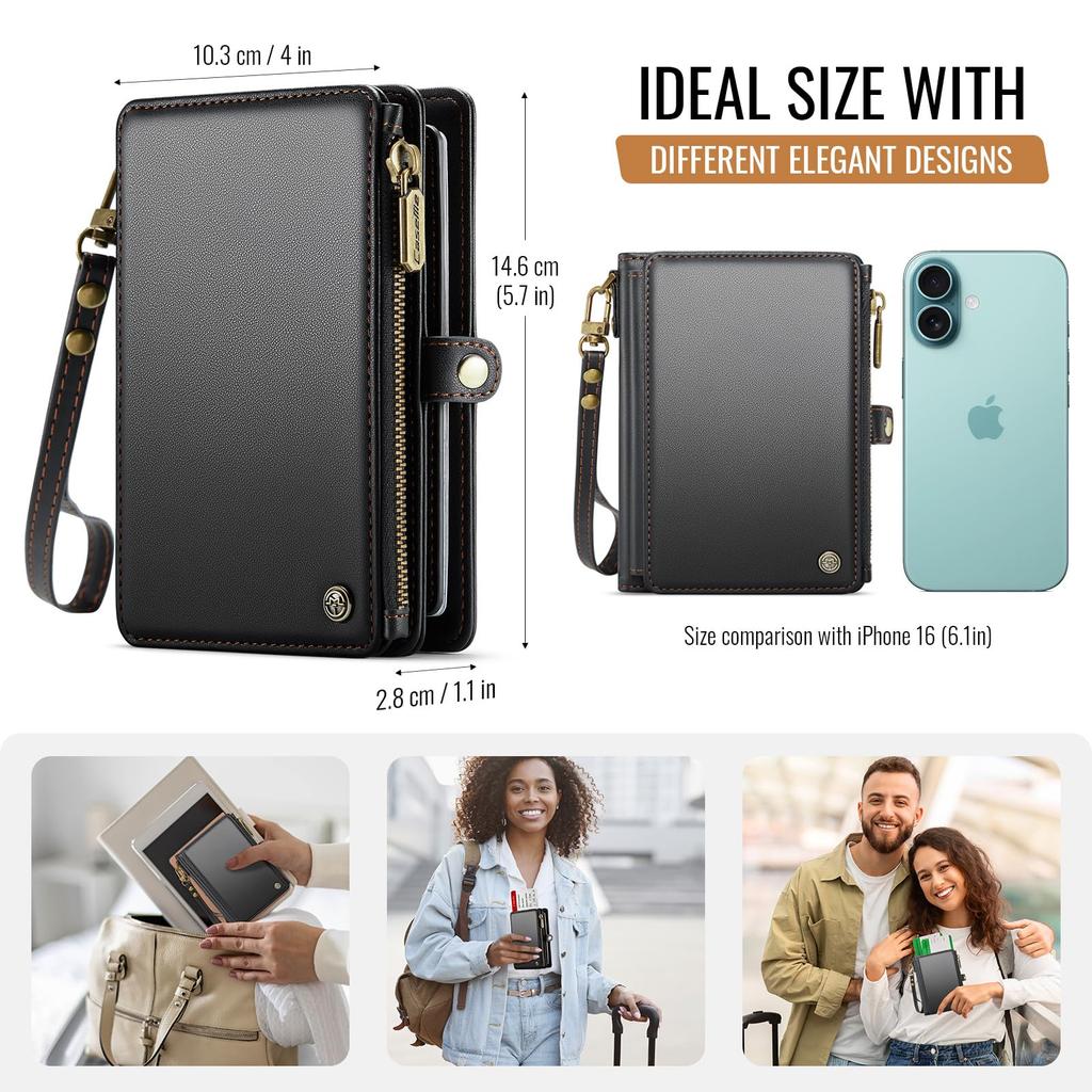 XIMAND Passport Holder Wallet Bag with 11 Card Passport Photo and RFID Blocking Wristlet Strap Black Slots, Pocket, Pocket, -