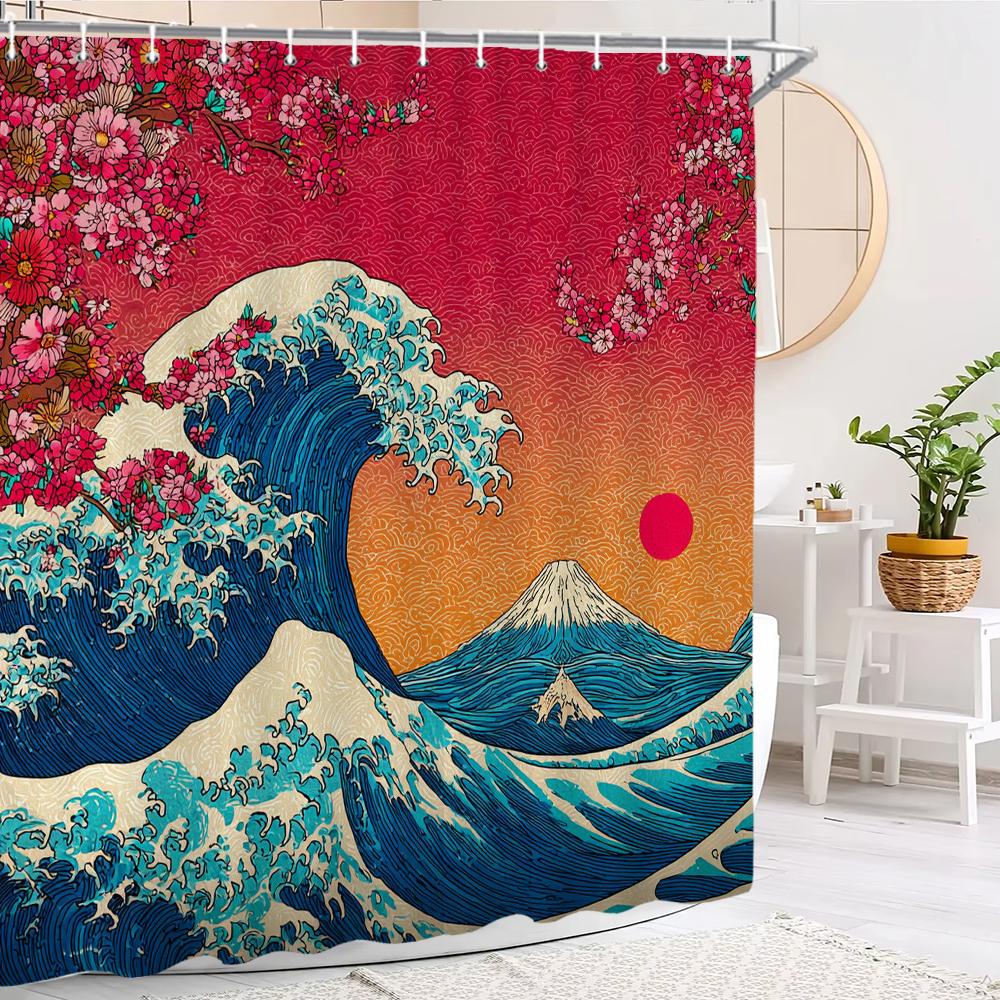 Japanese Mount Fuji wave style Shower Curtain,plum blossom Shower Curtain,Printed polyester fabric Bathroom Decoration Curtain