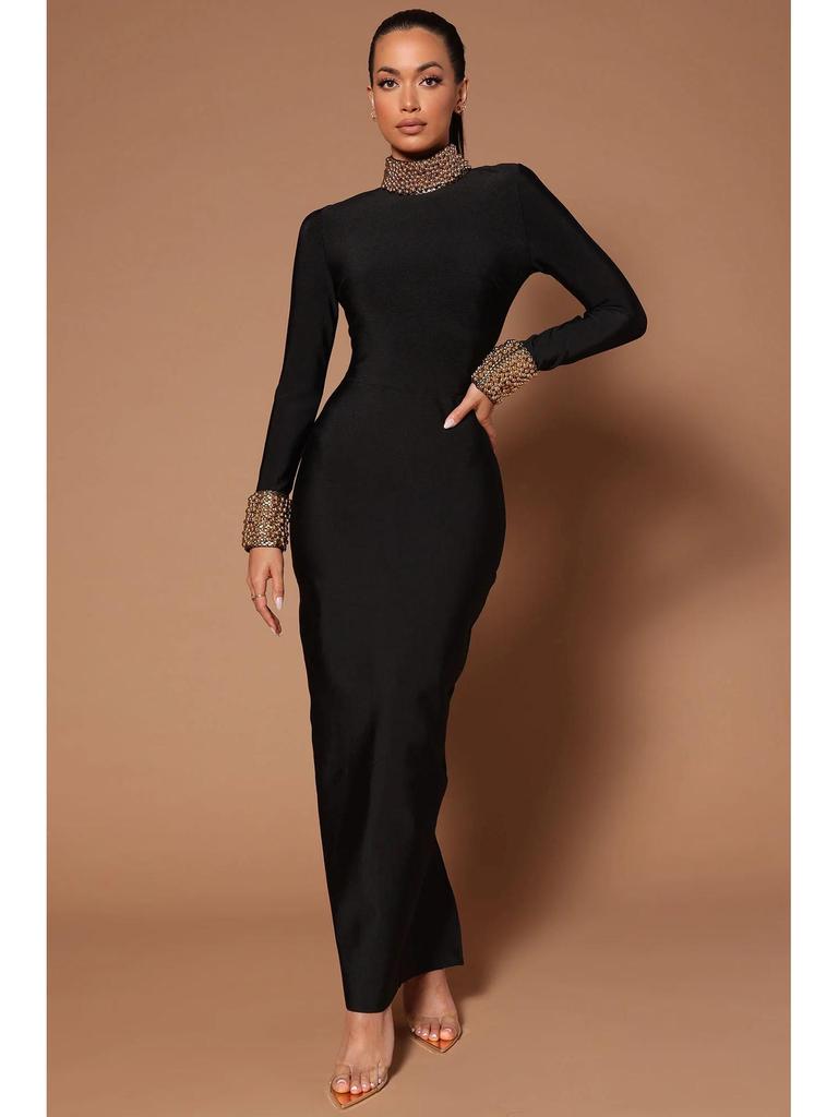 Luxury Beaded Round Neck Backless Bandage Dress - Slim Fit Bodycon Long Dress for Women