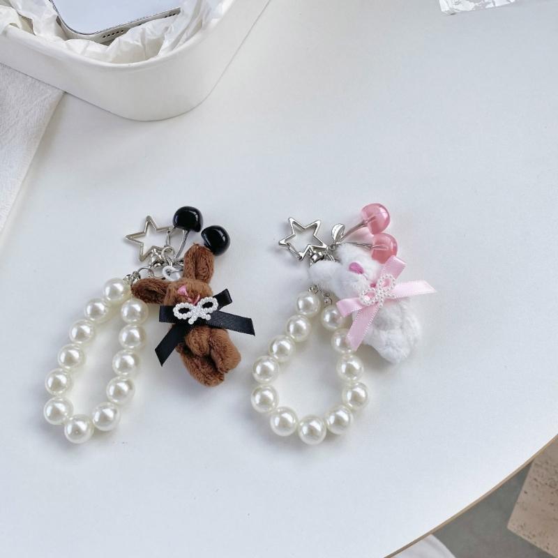 Adorable Rabbit Cherry Charm Keychain With Imitation Pearls Detachable Phone Strap Bag Accessories For Girls
