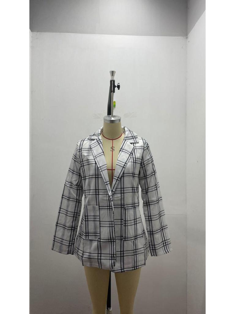 Europejski & Amerykański Kraciasty Sweter Marynarkowy z Klapami Slim Fit dla Kobiet - Moda Wiosna/Jesień 2025