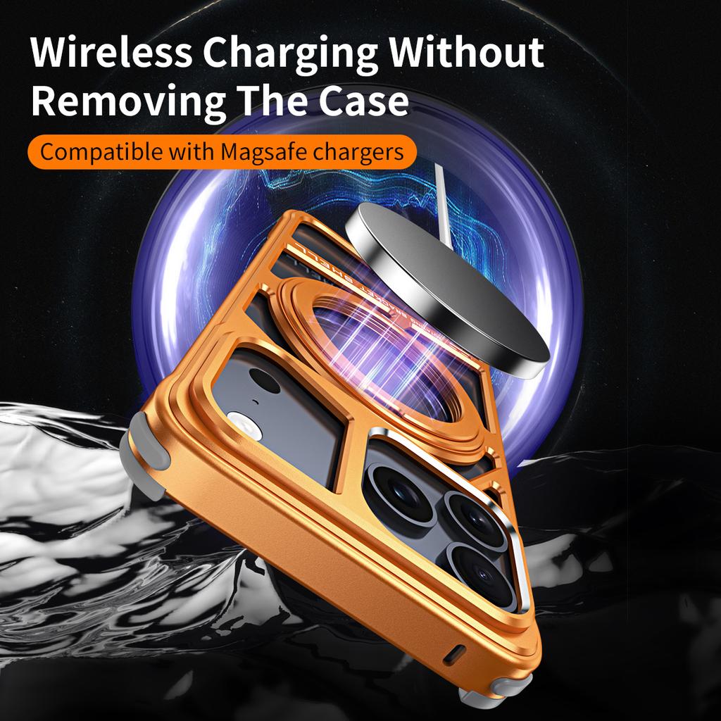 Orange Aluminium Alloy Metal Case For iPhone 17 Pro Max 16 15 14 Rotation Bracket Hollow Out Magnetic Metal Shockproof Cover