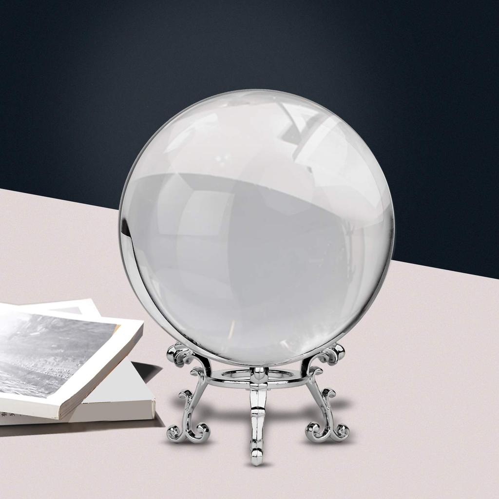 MerryNine Magic Crystal Ball, 80mm, Transparent Crystal Ball with Metal Base, Wiping Cloth, Feng Shui Item, Decorative Item (Clear + Metal Base)