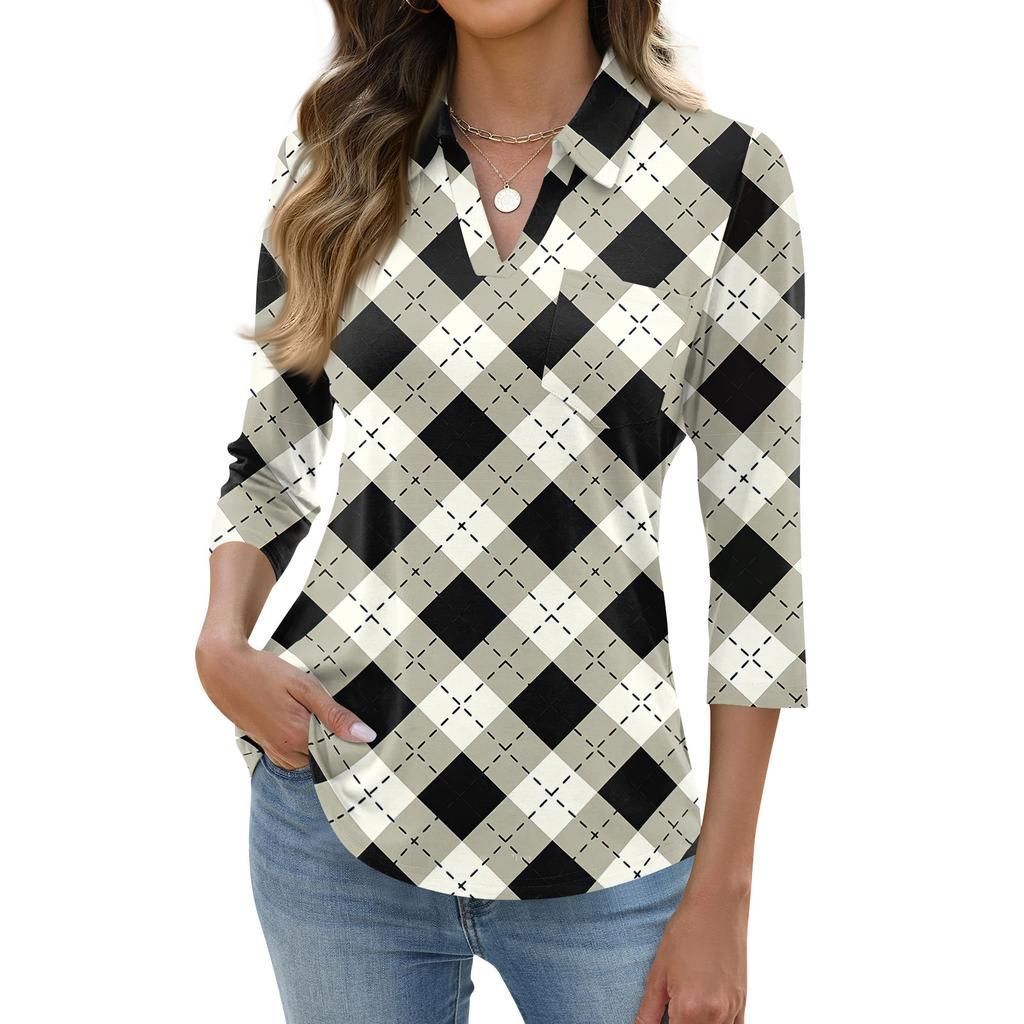 Women's Fashion Casual Lapel Short 3/4 Sleeve Print Shirt Women's Up Tops