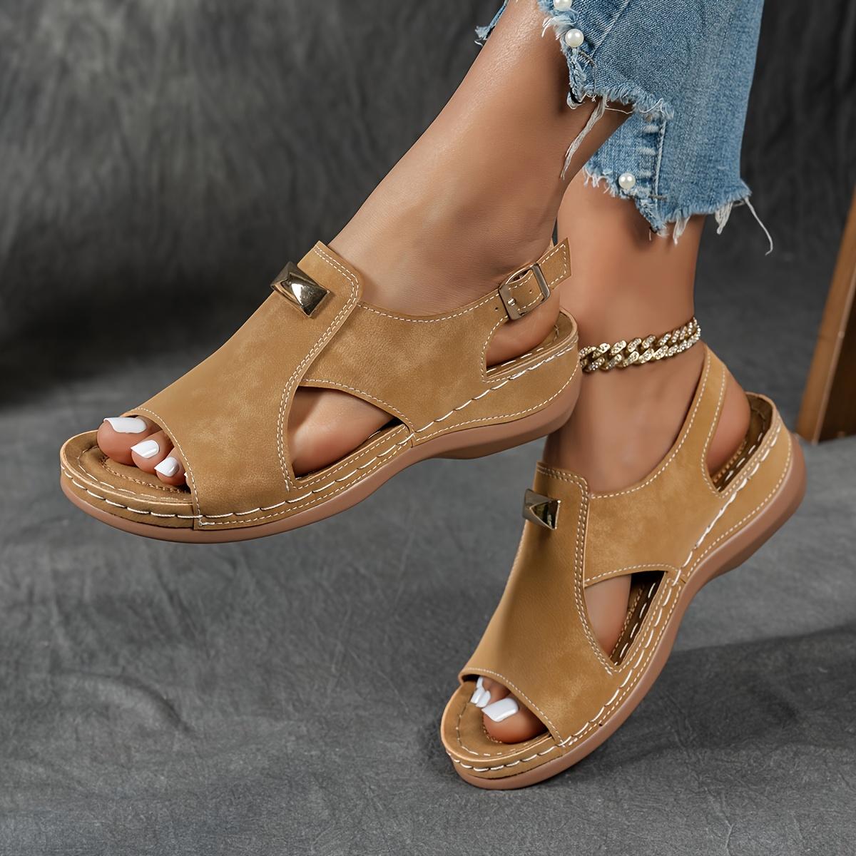 

New Summer Women s Wedge Heel Sandals, Vintage Frosted Texture Faux Cover with Metal Buckle Decoration, Open-Toe Slides for Outdoor Casual Wear 43 сепія кольору