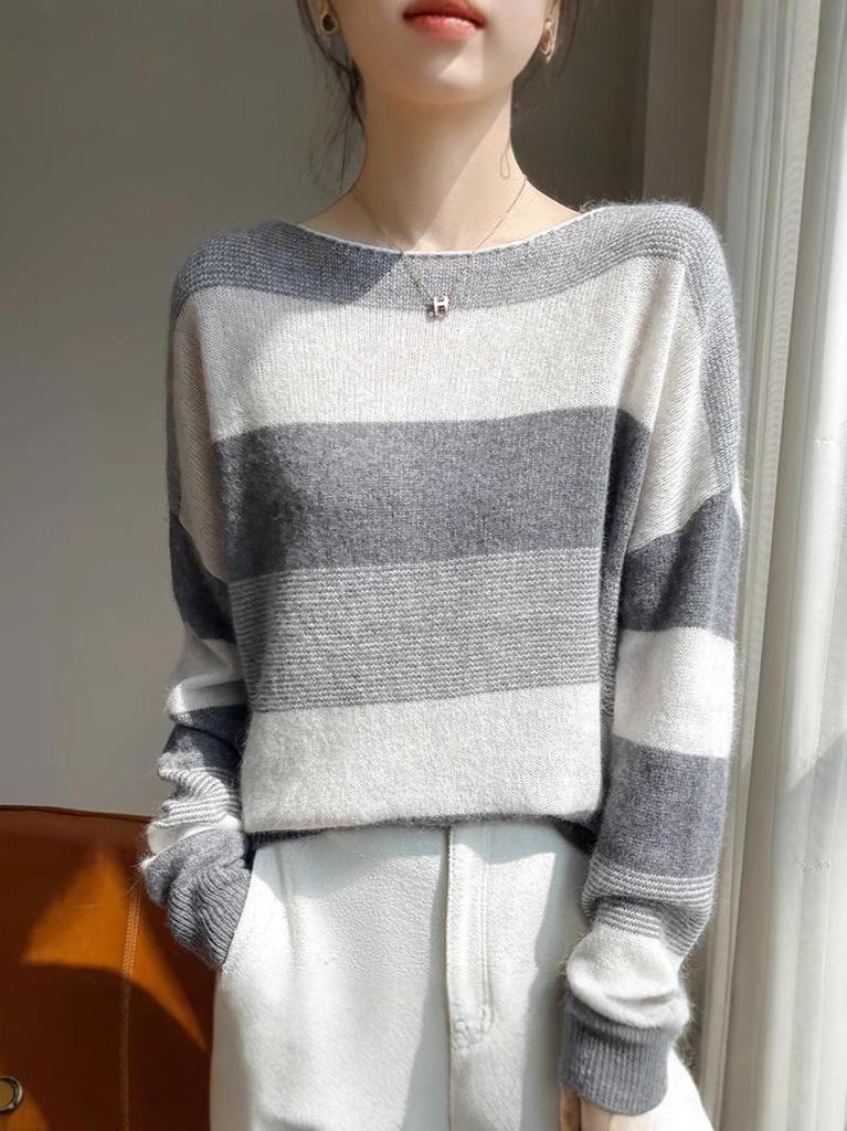 2025 Women's Striped One-Shoulder Wool Pullover Sweater for Autumn/Winter - Casual Knitwear