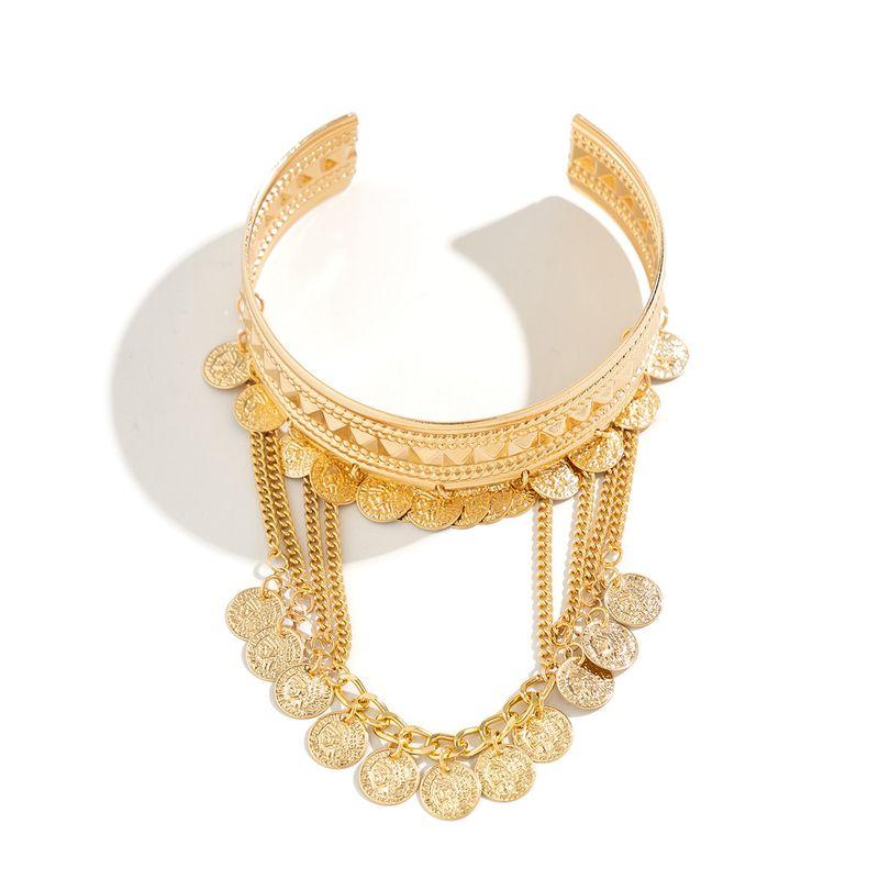 

Tassel Portrait Coin Leaf Pendant Bracelet Female Fashion Retro Wide Version Hip Hop Style out Trip Shoot Ornament Round Coin Style, Gold Finish