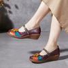 Johnature Vintage Flower Colour Wedges Sandals Genuine Leather Handmade Ethnic Style Comfortable Women Shoes