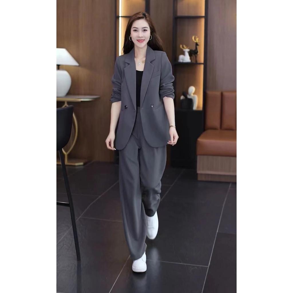 Spring New Plus Size Suit Set: Loose Fit Slimming Casual Blazer with Elastic Waist & Straight Leg Pants, Two-Piece Professional Outfit