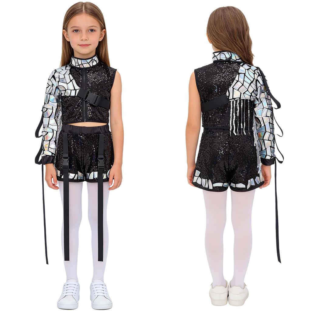 Completo Hip Hop Danza Bambini Top Corto Senza Maniche Zip Up Laccato Paillettes Shorts Set Maniche con Nappe Staccabili