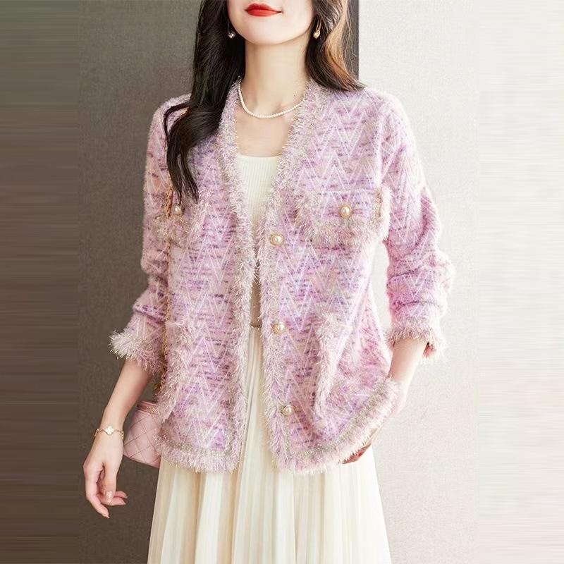 Korean-Style Color-Blocked Women s Coat Fall/Winter Oversized Sweater Women s Knit Coat with Sophisticated Design M розовый
