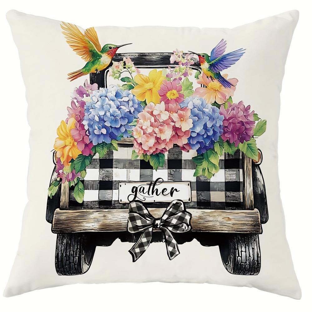 Charmante Kissenhülle im Landhausstil: Retro-LKW, Bunte Blumen und Warme Wohnmöbel, Sofakissen- und Stuhlkissenbezug