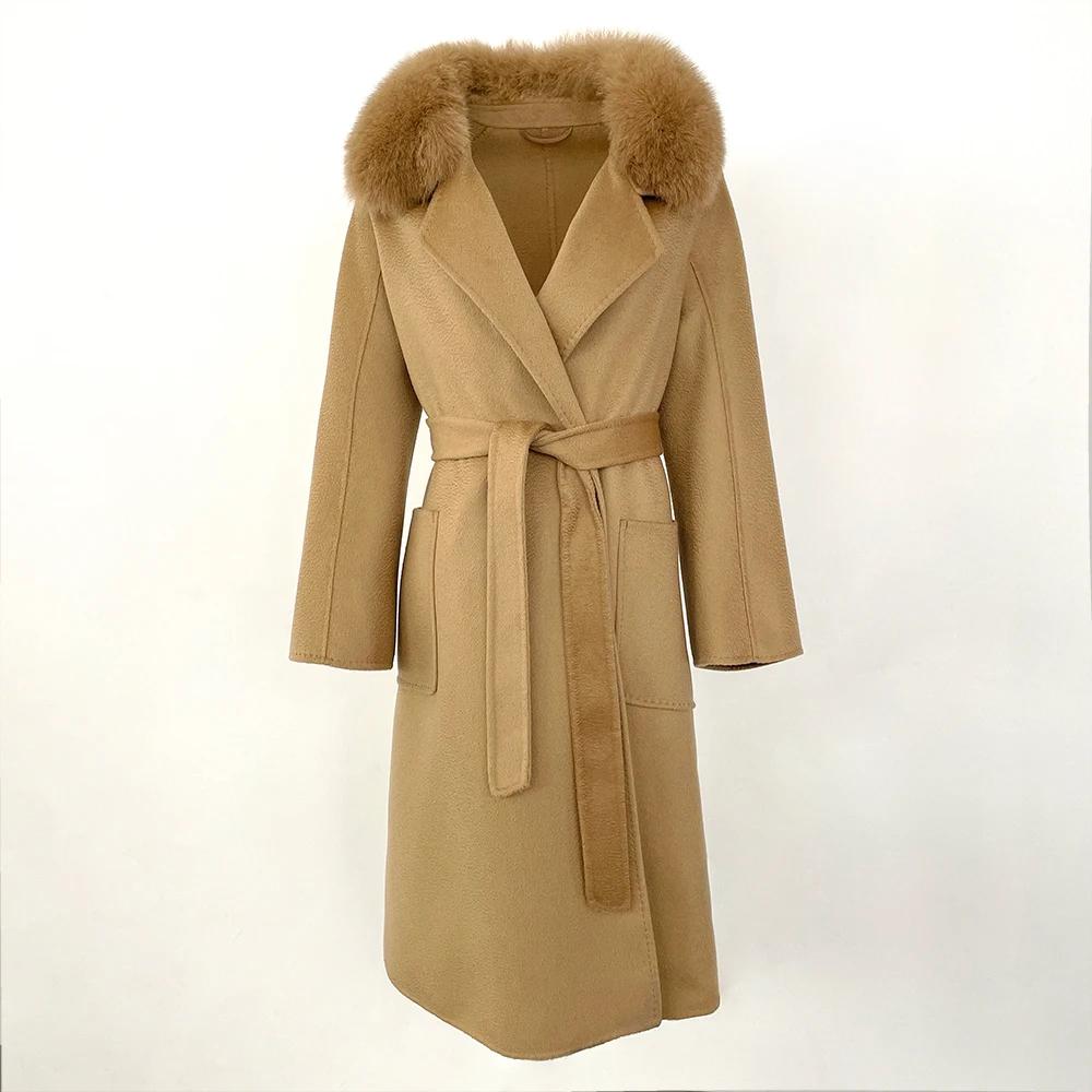 OFTBUY 2024 Autumn Winter Real Fox Fur Collar Water Ripple Double-Sided Woolen Coat Women Long Coat 100% Wool Removable Fur Collar