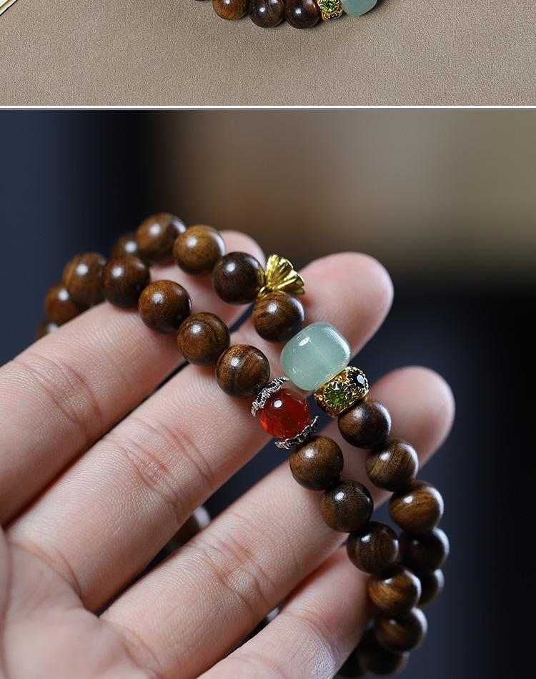 Women's Black Pearwood 8mm Double-Strand Bracelet with Aventurine Lotus Seed Pod Pendant - Retro Buddhist Beads Jewelry for Couples.