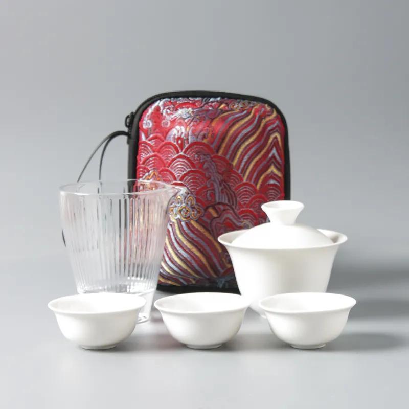 

Чайный сервиз в китайском стиле кунг-фу из овчины, нефритовый белый фарфоровый дорожный набор, ярмарка, набор чайных чашек, портативный уличный экспресс-стакан