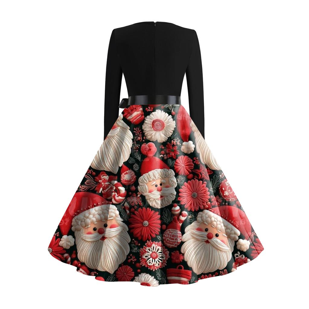 Women's Fashionable And Elegant Autmn And Winter Long-sleeved Round Neck Christmas Print Dress