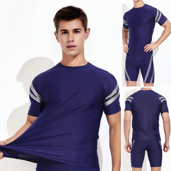 Herren Badeshorts Wassersport Oberteil O-Ausschnitt Kurzarm Slim Fit Elastisch Atmungsaktiv Schnelltrocknend Gestreift Knielange Hose Surfen Waten Sport