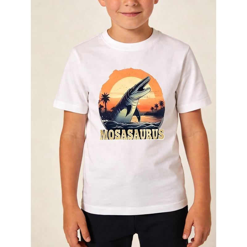 Boys Teens Crewneck T-Shirt, Mosasaurus Dinosaur Lover Signature Print Short Sleeve Top 110 белый
