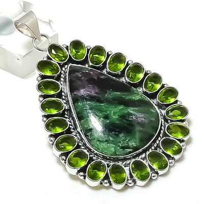 Naturlig Rubin Zoisitt, Peridot 925 Sterling Sølv Smykke Anheng 2,68" ETC-13793