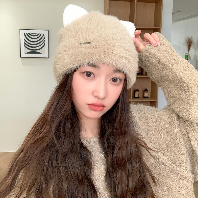 New Hat for Women Imitation Mink Hair Cute Ear Knitted Wool Hat Solid Color Versatile Student Warm Hat