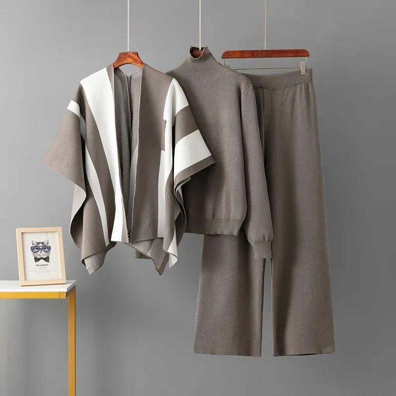 

Cross-Border New Contrast Color French style Fashion Knitting Suit Shawl + Round neck sweater + Loose Wide Leg Pants Three-Piece Set Women CAMEL All yards