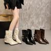 [Fanfna] Pointed High-heeled Short Boots for Women's 2025 Autumn New Retro Niche Belt Buckle Medium Tube Pants Tube Boots