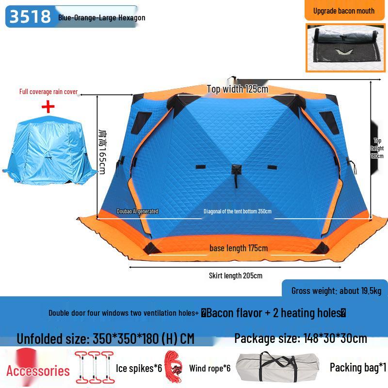 Hexagonal Winter Ice Fishing Tent - Cotton, Thickened, Warm, No-Assembly Needed