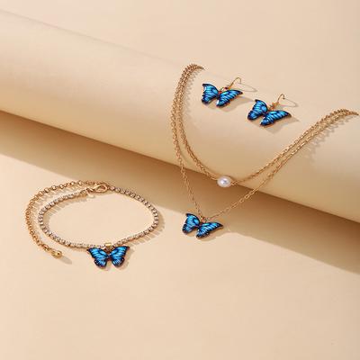 Simple Fashion Necklace Blue Butterfly Pearl Elegant Ladies Creative Jewelry Set Earring Necklace Bracelet Combination Set