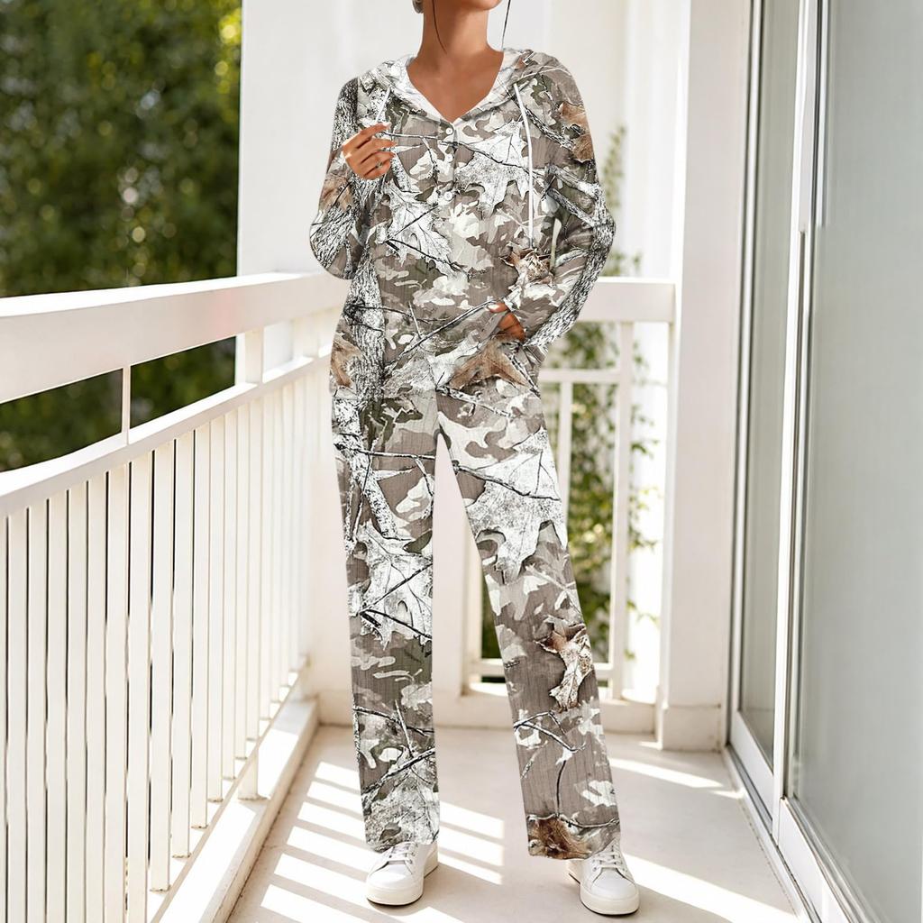 Women's V-Neck Print Long Sleeve Hooded Pajama Set with Pockets, Loose Fit Casual Wear