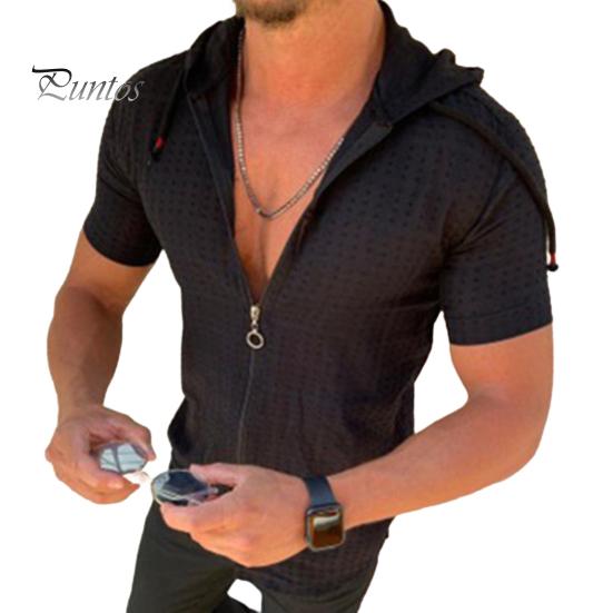 

Мужская футболка с капюшоном, короткими рукавами, клетчатая футболка на молнии, повседневный тонкий летний топ для спорта, отдыха на природе, пляжа L чёрный