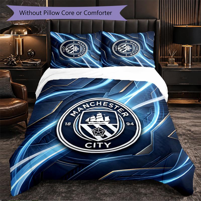 Manchester City Pattern 3 Pieces Bedding Set Soft Microfiber Duvet Cover with Pillow Cases for Bedroom