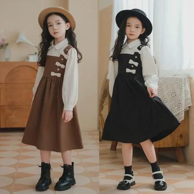 Langärmliges zweiteiliges Strapskleid für Mädchen – stylischer Frühlings-/Herbstrock für Kinder