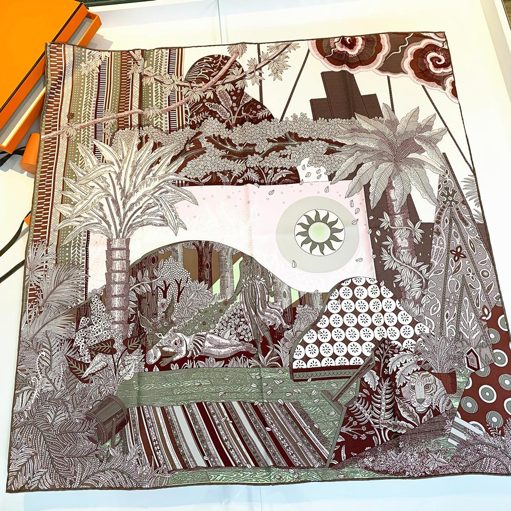New Handmade Curled Twill Square Scarf Plant Jungle Sun Women's Shawl 90 * 90cm Fashion Trend Fabric Soft