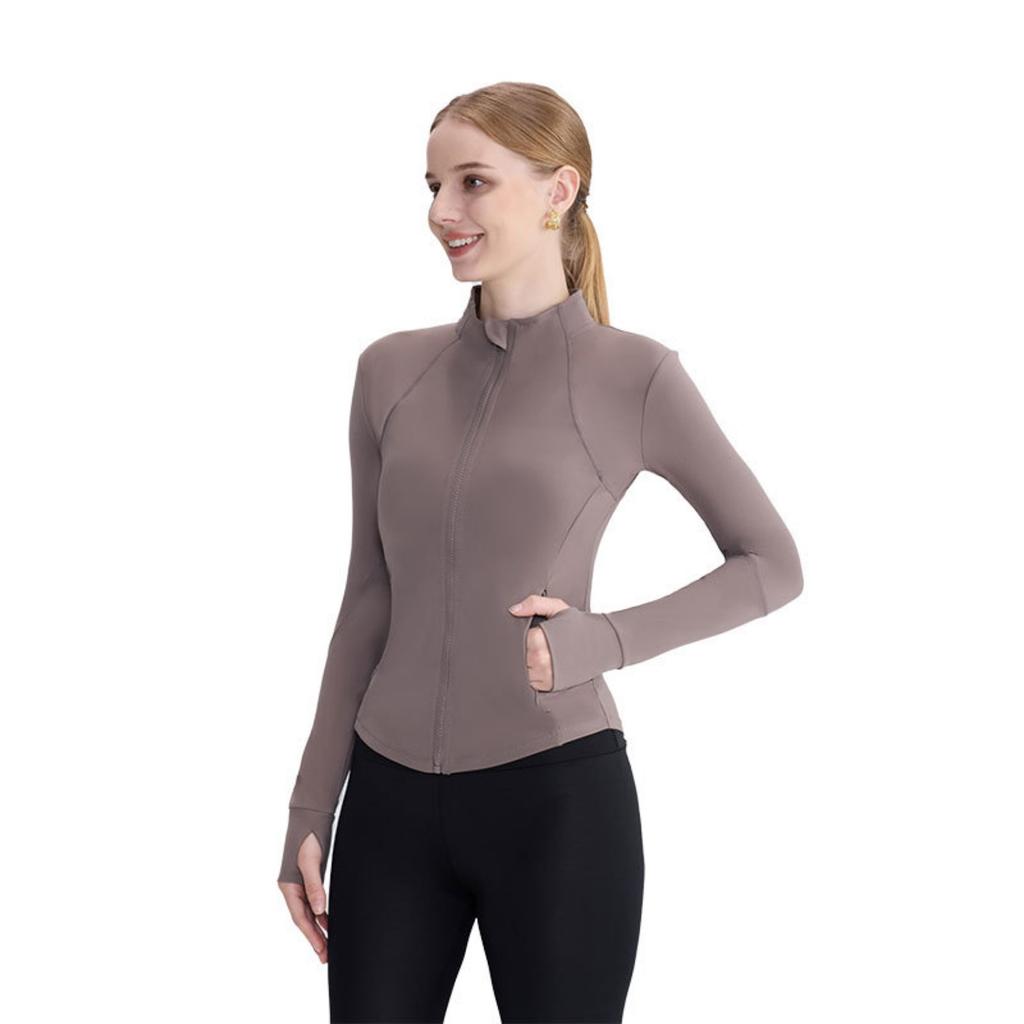 Atmungsaktiver, schnell trocknender Yogamantel für Damen mit Stehkragen und Reißverschluss